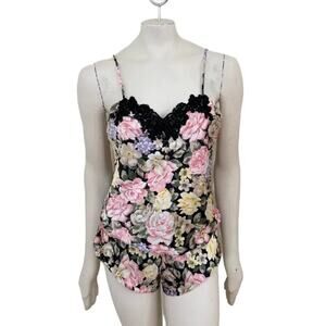 VTG VICTORIA'S SECRET Gold Label 2 Piece Cami Shorts Set in Black Florals SZ 6